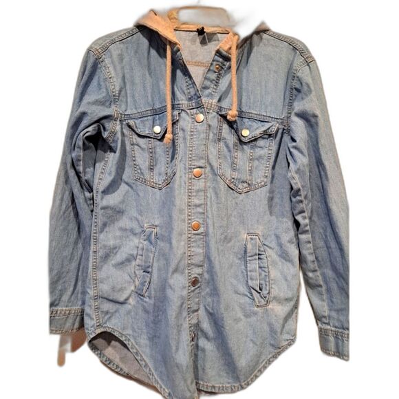 Divided H&M denim shirt jacket with gray hood, size Large- see measurements - Picture 1 of 7